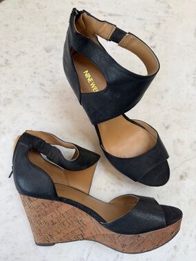 Nine West Black Cork Wedge Sandals with Ankle Zip